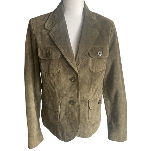 Suede Jacket Olive Green Utility Jacket Bush Blazer Transitional Season Coat M - Picture 3 of 12